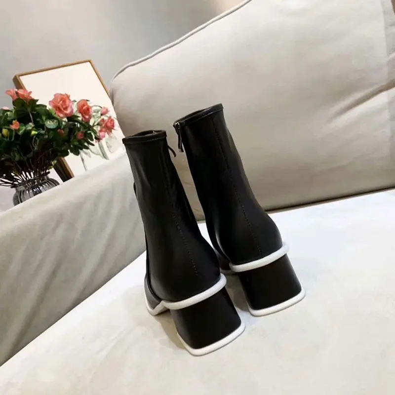 

2019 New Fashion Autumn/Winter Genuine Leather Women Boots Luxury Shoes Women Designers Zip Round Toe Hoof Heels Women Boots