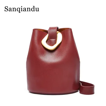 

Genuine Leather Women Messenger Purse Casual Bucket Bag Handbag Classic Red Wine Lady Shoulder Crossbody Bag Black Super Quality
