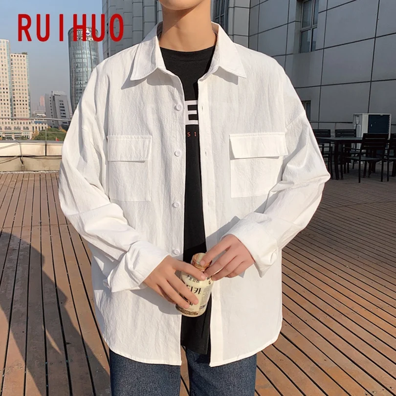 Рубашка RUIHUO мужская с длинными рукавами однотонная приталенная Хлопковая