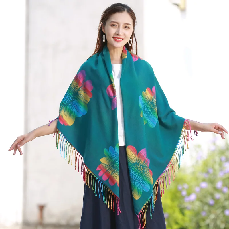 

Sun Flower Shawl Autumn And Winter Scarf Thick Warm Rainbow Color Air Conditioner Shawl Gradient Ultra Large Double-Sided Kerchi