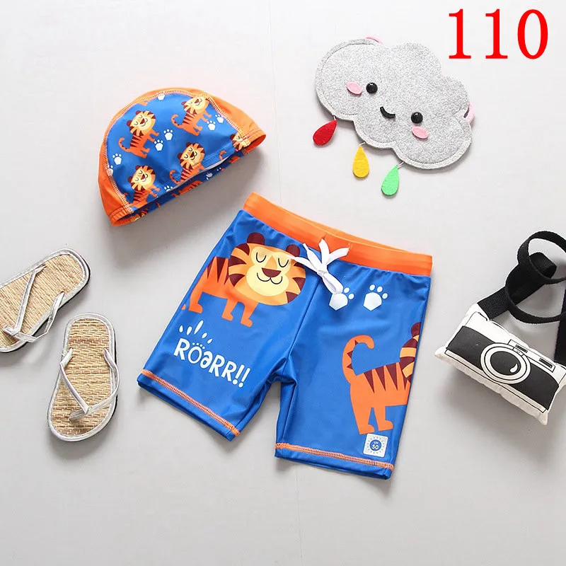 Пляжные шорты для мальчиков с шапочкой, купальный костюм с динозавром из мультфильма Трусики для плавания детские плавки детская одежда для купания для маленьких мальчиков - Цвет: SIZE 110