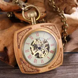 Квадратные деревянные механические цепочки для карманных часов роскошные деревянные часы ручной обмотки Скелет Fob часы мужские и женские