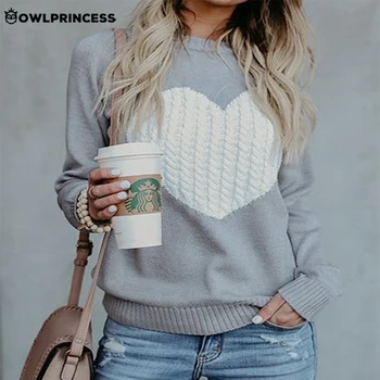 

Madam clothing OWLPRINCESS Fashionable Knitted Sweater Long Sleeve Heart Pattern Women's Sweaters Warm And Comfortable Pullover