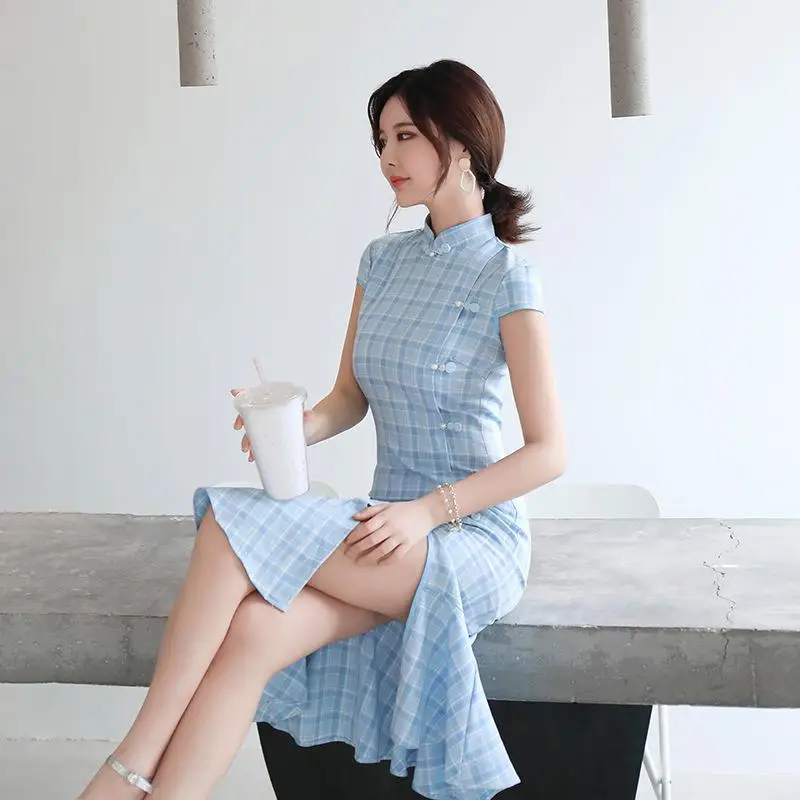 new Sweet Women Fishtail Cheongsamshort Sleeve Stand Collar Dresses Solid Color Split Literature And Art Small And Fres Dress - Цвет: Синий