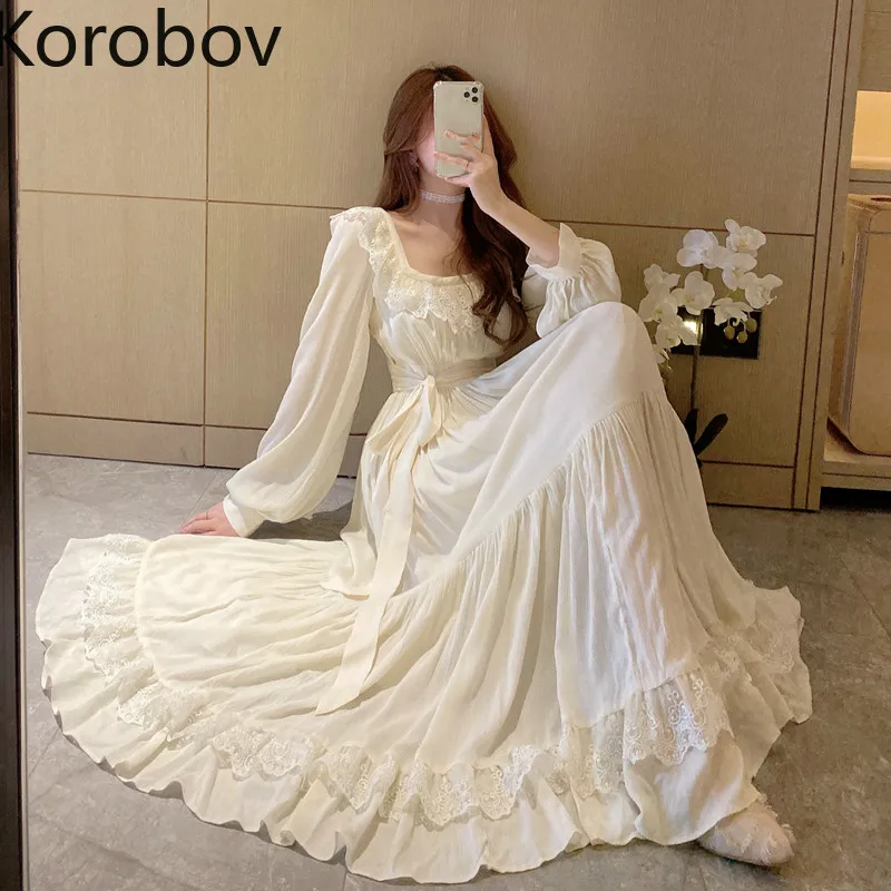 

Korobov 2020 Fashion New Women Solid Dress Vintage Elegant Long Sleeve Square Collar Dresses Chic Lace Bow Vestidos