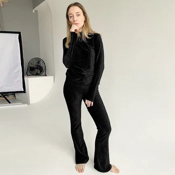 

HiLoc Ribbed Velvet Sleepwear Long Sleeve Women Knitted Two Piece Set Top And Pants Solid Winter Pajamas Women Home Suit Warm