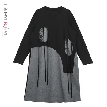 

LANMREM can ship 2020 spring design dresses for women Round Neck Pullover patchwork Dress Personality big size Longuette YH867