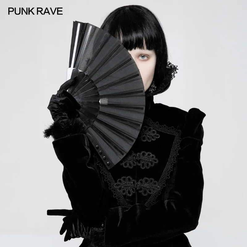 

PUNK RAVE Punk Visual Kei Black Fabric Rivet Fan Unisex Hand Fans Gothic Perform Accessories Cosplay Photography Props