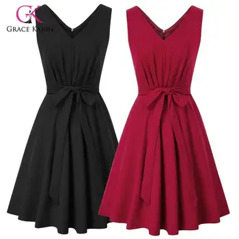 

Grace Karin Elegant V Neck Summer Dress 2020 Sleeveless Bow Women Dress Pleated Dress Solid Plus Size Summer Clothes