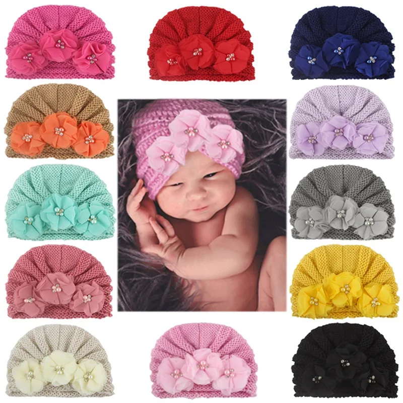 

Girls Caps Autumn Newborn Baby Flower Pearl Design Girls Caps Infant Knitted Hat Turban Elastic Cap 2019