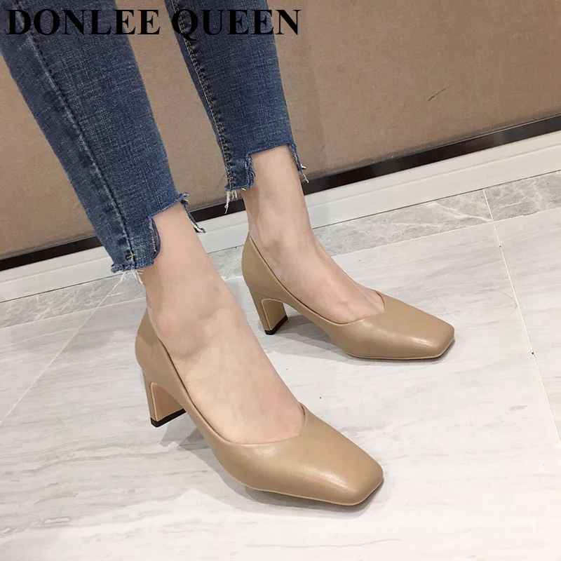 

New Fashion Women Square Toe Pumps Solid Color High Heels Shoes Women Concise Office Ladies Party Footwear Sexy V Shallow Shoes