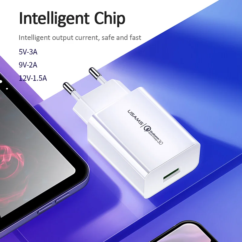 USAMS Quick Charge 3,0 QC 18W USB зарядное устройство QC3.0 высокоскоростное дорожное зарядное устройство для samsung Xiaomi iPhone EU US Plug зарядное устройство для мобильного телефона