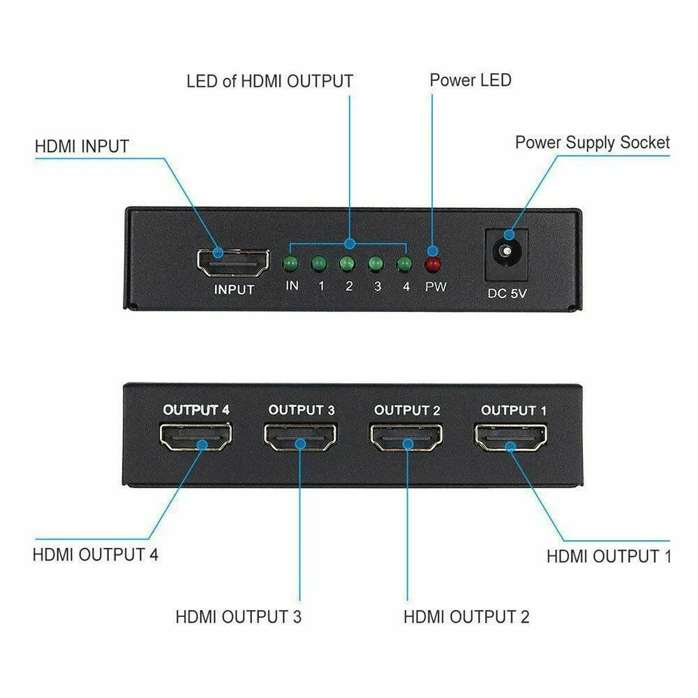 Full HD HDMI Сплиттер 4 порта концентратор ретранслятор усилитель v1.4 1080p 1 в 4 Выход надежно распределить HDMI
