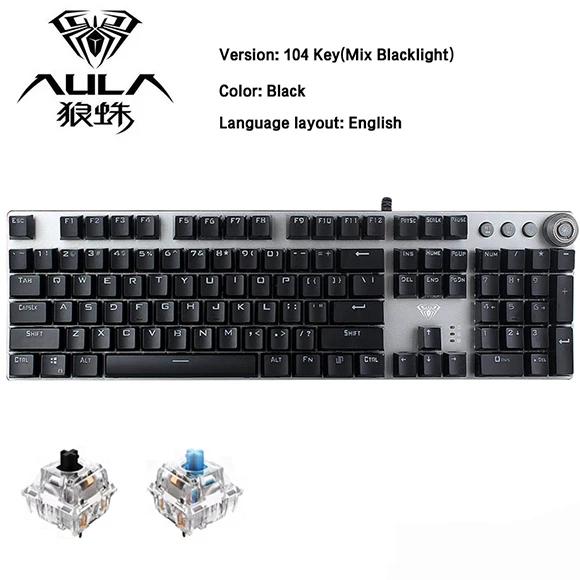 keyboard for multiple computers AULA PC Mechanical Keyboard 104 keys USB MIX LED Backlit Black Blue Switch for Arabic Russian Spanish Hebrew gaming Keyboard computer keypad Keyboards