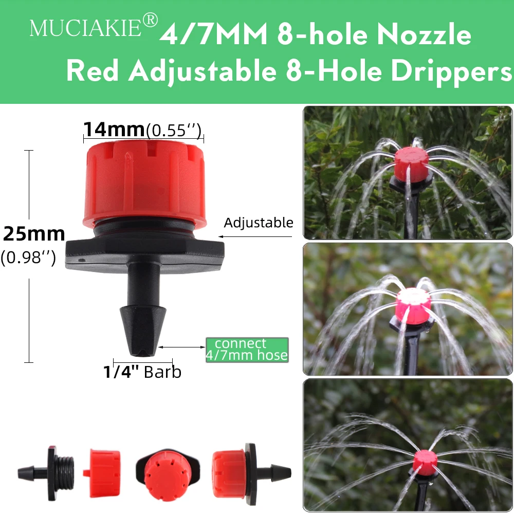 MUCIAKIE 30-1000PCS 4/7mm Red Adjustable 8-Hole Drippers Garden Micro Emitter Mini Irrigation Nozzles Adjustable Sprayer Nozzle