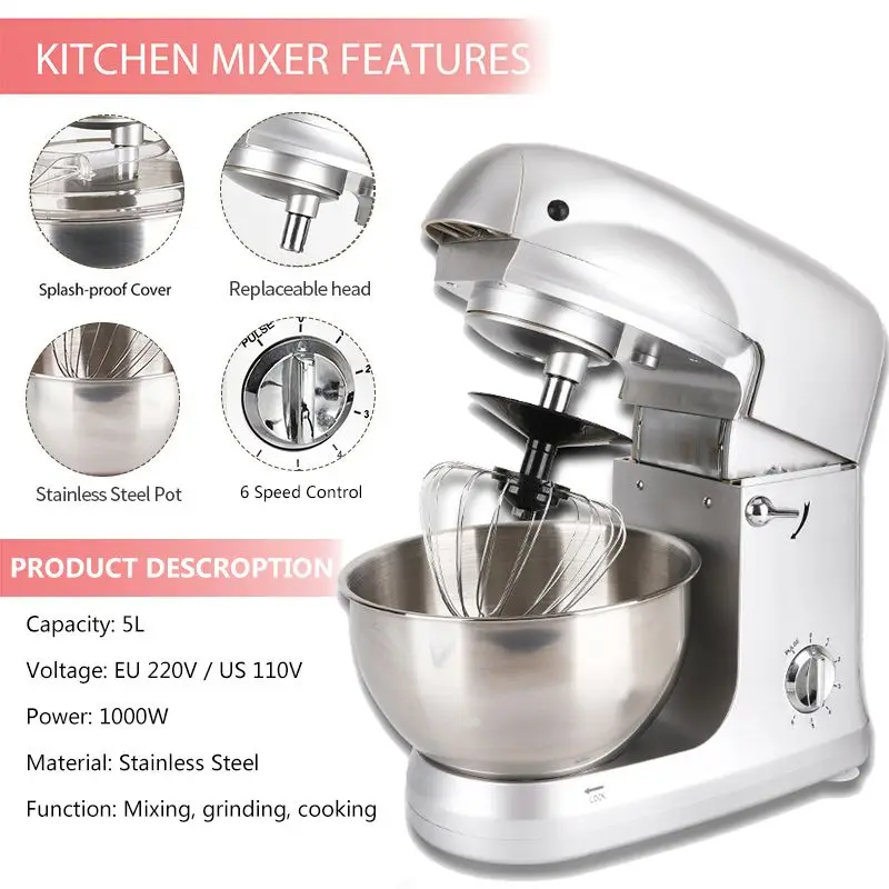 5L Stand Mixer Stainless Steel Bowl 6-speed Kitchen Food Blender Cream Egg Whisk Cake Dough Kneader Bread Mixer Maker 110V