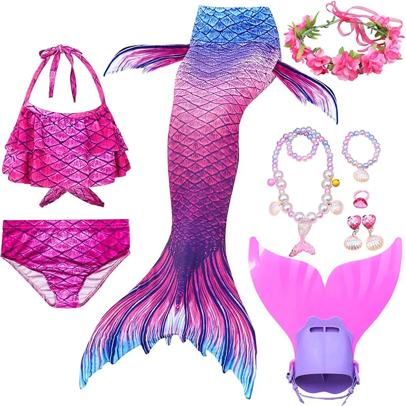 

Kids Mermaid Tail for Girls Swimmable Swimming Suit Mermaid Costume Swimsuit with Monofin Bikini Dress Necklace Set
