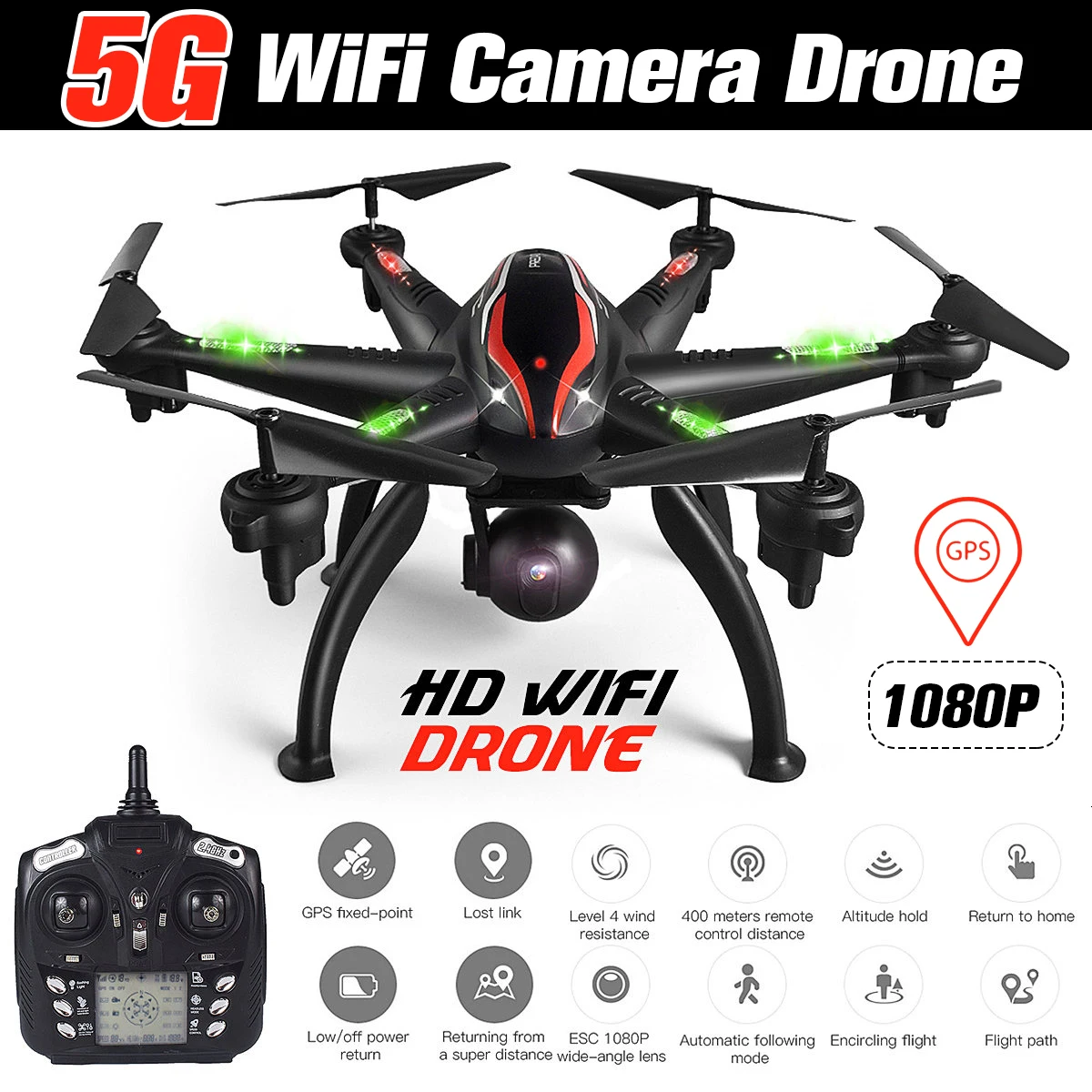 

RC Drone GPS 5G WiFi 1080P Camera Drone Smart Follow Mode 6 Axis Gyro Quadcopter Professional 5G WiFi Drone Aerial Photography