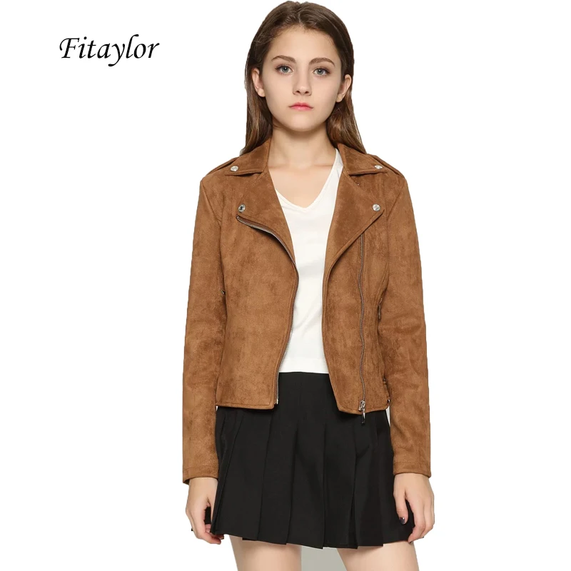 Куртка женская демисезонная из искусственной замши с отложным воротником|faux leather