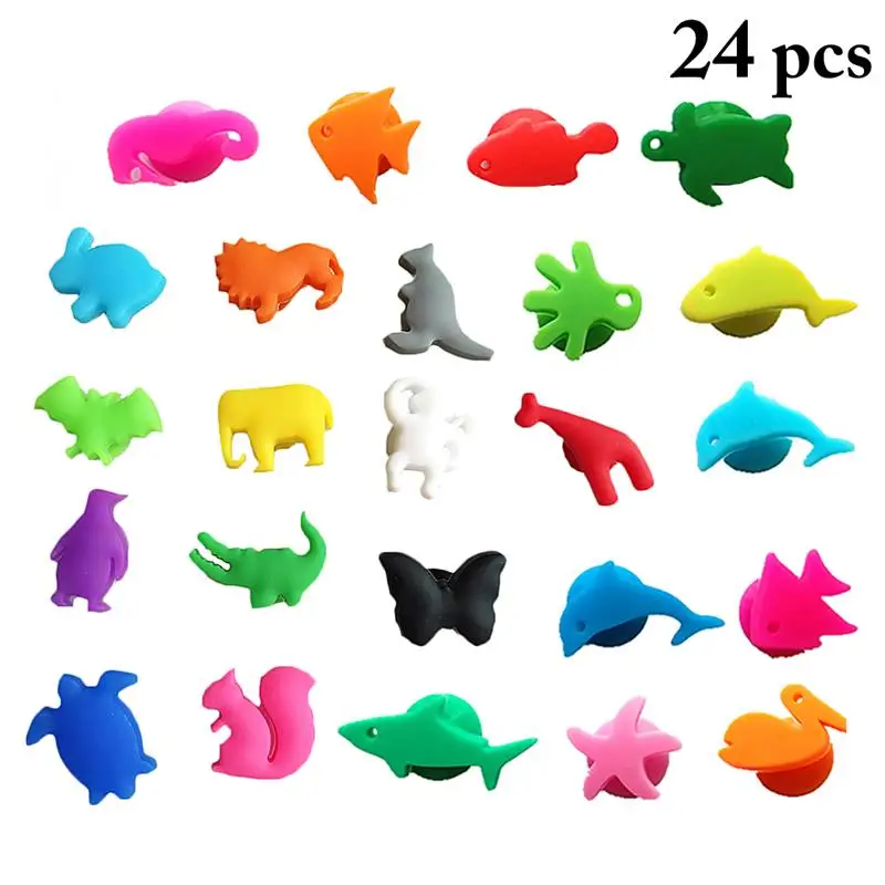 24pcs/set Cute Animal Shape Wine Glass Charm Silicone Animals Wine Glass Tag Marker For Bar Water Cup Accessories