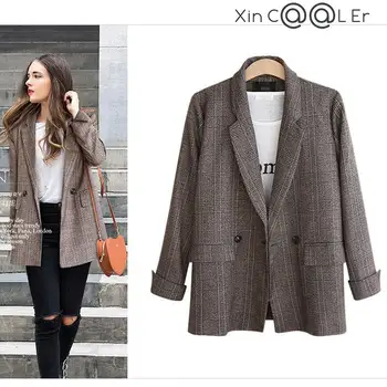Spring Autumn Blazer Women  New Plaid Korean Jackets Long Sleeve Notched Vintage Casual Fashion Office Coats 1