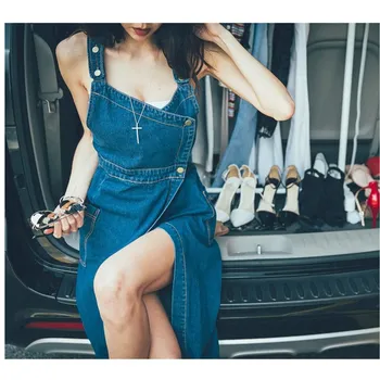 

Women Spaghetti Strap Split Straight Dress Sexy Sleeveless Pockets Midi Denim Dress A-Line Summer Casual Dresses