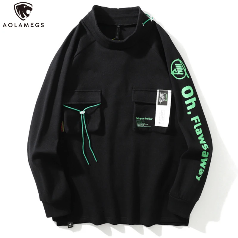 

Aolamegs Men Hoodies Cool Letter Print Pullover High Street Multi-Pocket Advanced Turtleneck Sweatshirt Casual Streetwear Autumn
