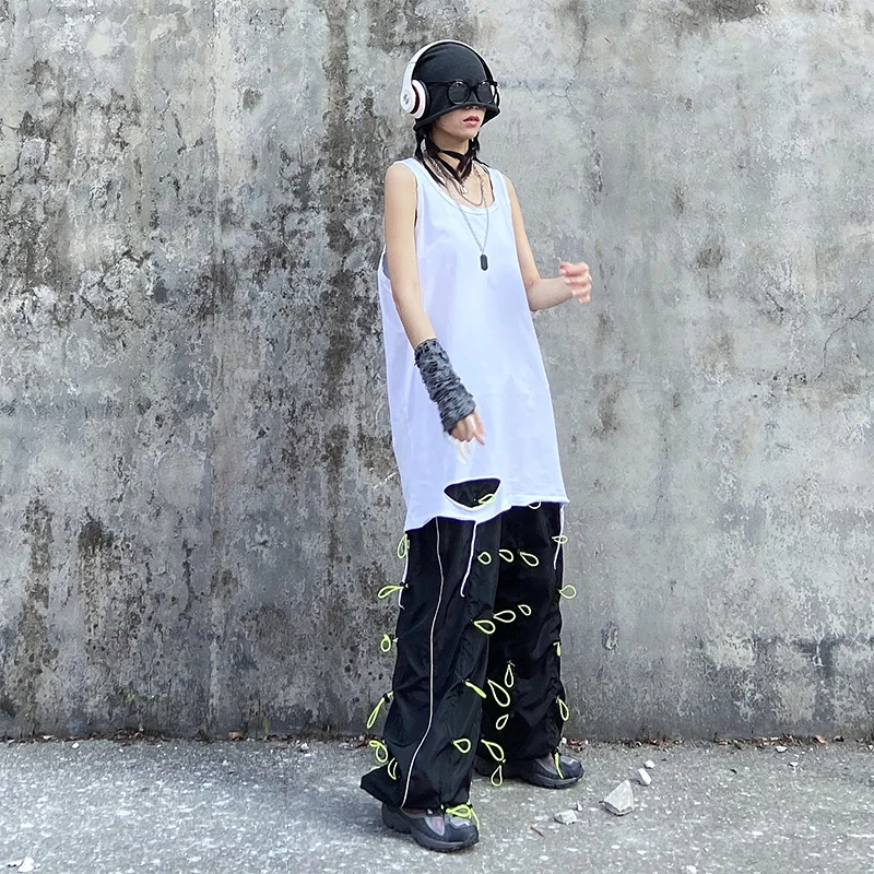 [EAM] High Elastic Waist Green Drawstring Wide Leg Long Trousers New Loose Fit Pants Women Fashion Tide Spring Autumn 2020 1X847
