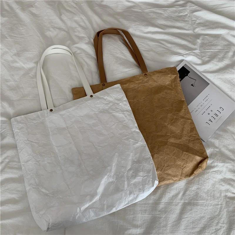 Fashion Korean Version Simple DuPont Hand-held Vintage Washed Kraft Paper Tote Bag Tyvek One Shoulder Straddle Women's