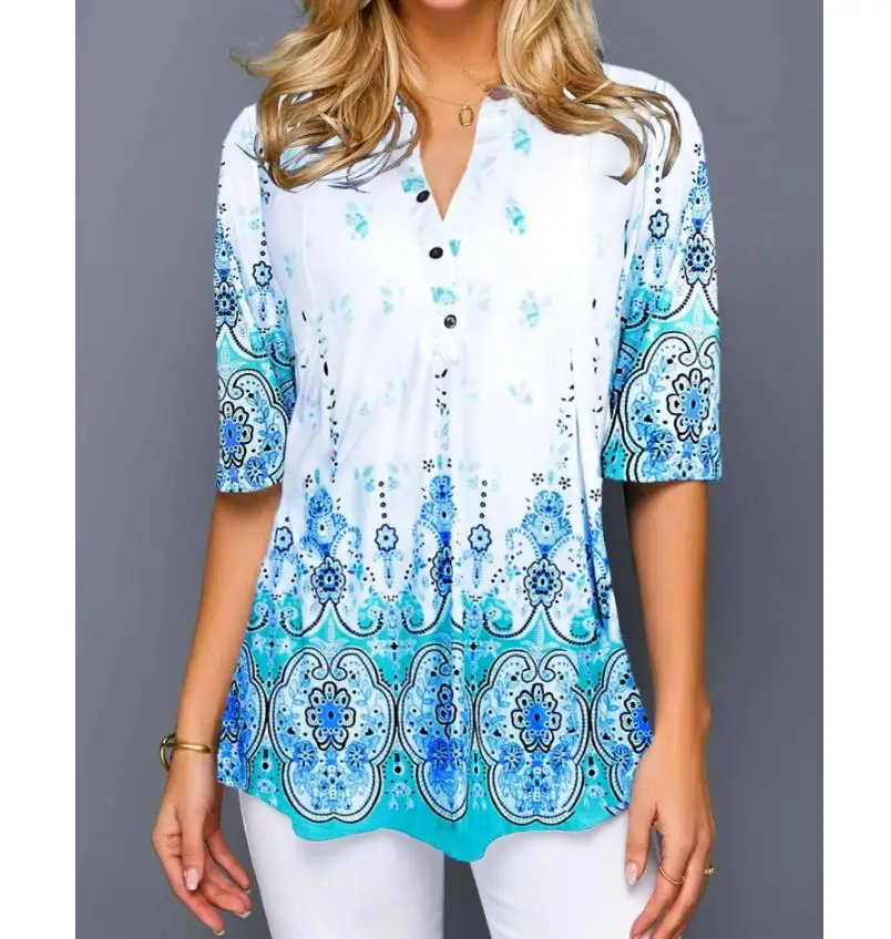 Blusa holgada informal con estampado Floral para verano, camisa holgada con cuello de pico para mujer, talla grande, 2020