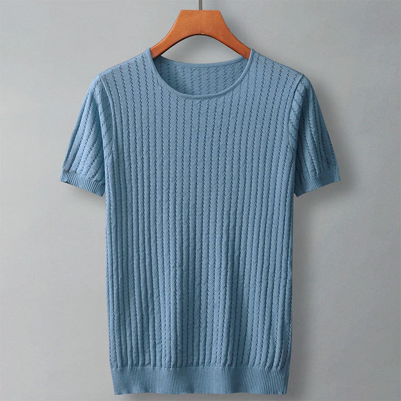 

Summer Men's Fashion New O-neck T-shirt Tops Male Solid Color Pullover Casual Plus Size Short-sleeved Ice Silk Knitted Tees B123