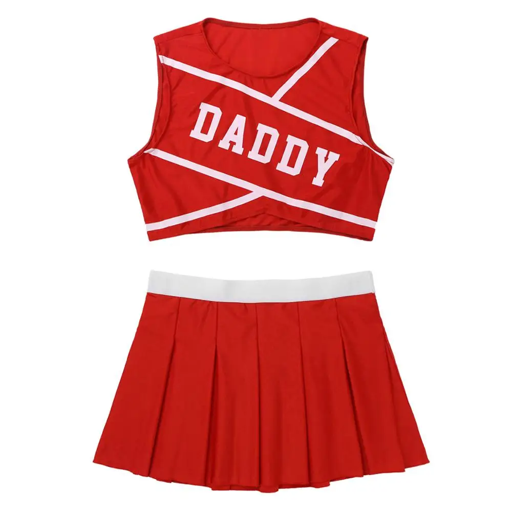 2Pcs Women Adult Sexy Charming Cheerleader Costume Round Neck Sleeveless Printed Crop Top with Mini Pleated Skirt Stage Clothes