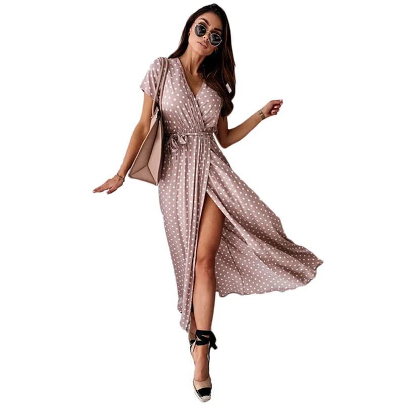 Summer Sexy Print Dress Women 2021 New Europe And America Plus Size Pink Green Black Short Sleeve V-Neck Temperament GH152 | Женская