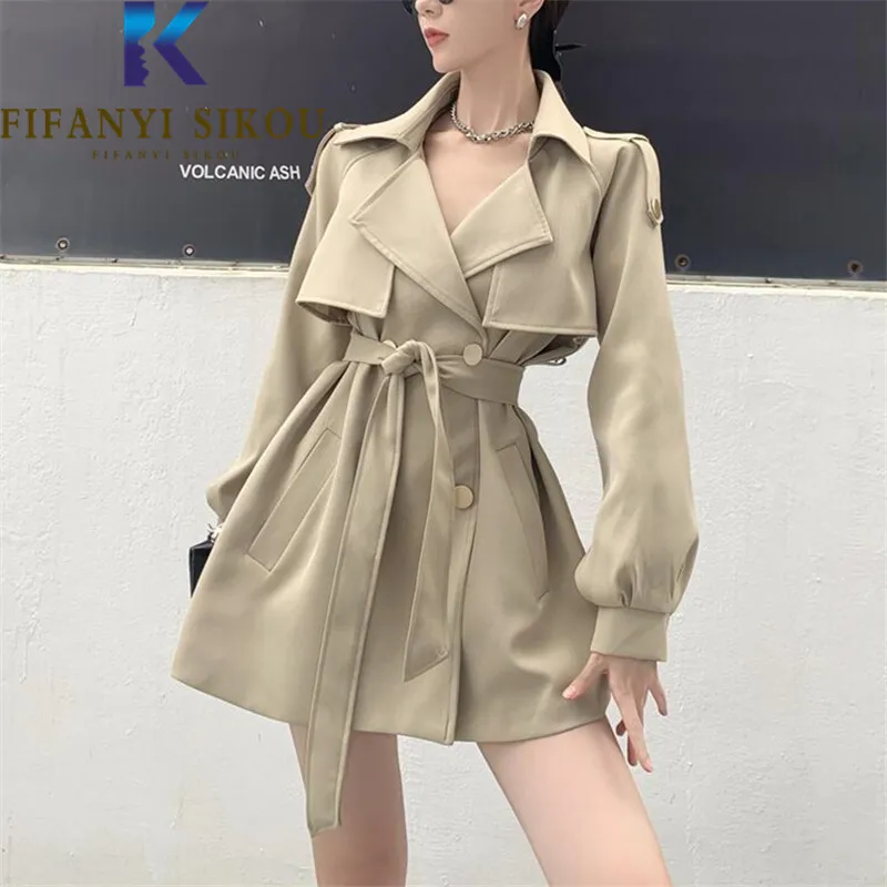 Korean Casual Trench Coat Women Double Breasted Lace Up Lapel Fashion ...