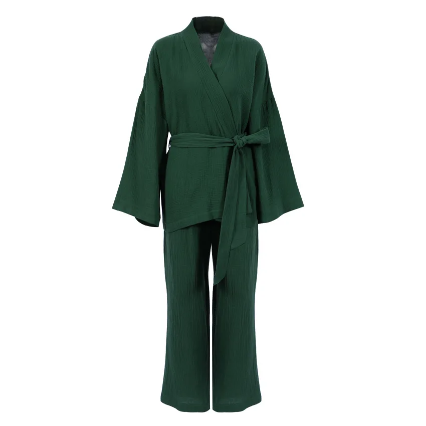 Kimono Pajamas Cotton Crepe Long-Sleeved Trousers Ladies Sleepwear Suit Women women pajamas set,women pajama suit,cotton pajamas set