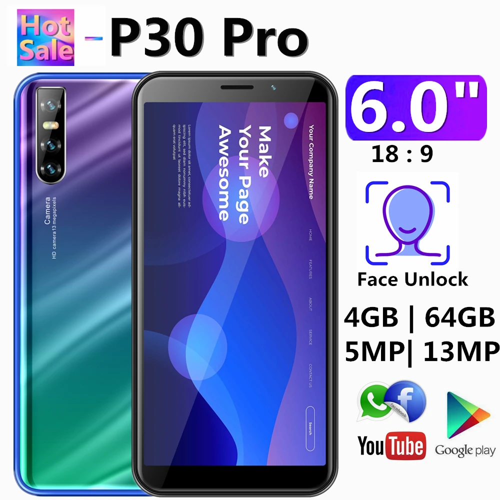 Смартфонов P30 Pro 4G Оперативная память 64G Встроенная память 6," 4 ядра 13+ 5 Мп Android сотовый разблокированные сотовые телефоны больше выбора мобильных телефонов