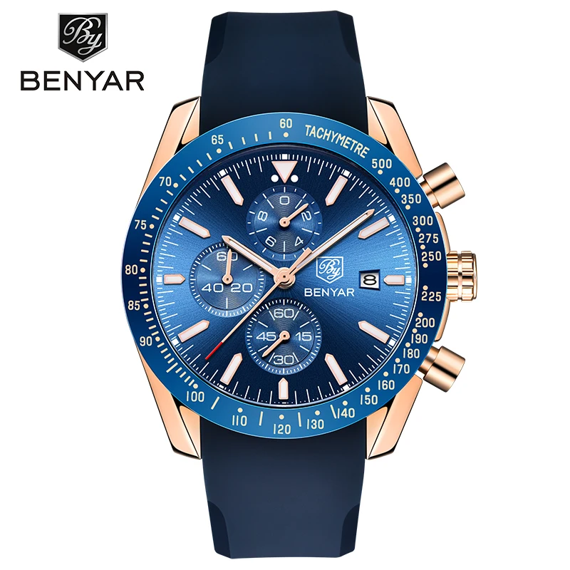 Silicone Gold Blue BENYAR, мужские часы, брендовые, Роскошные, из нержавеющей стали, водонепроницаемые, спортивные, кварцевые, с хронографом, военные часы, мужские часы, Relogio Masculino - Цвет: Silicone Gold Blue