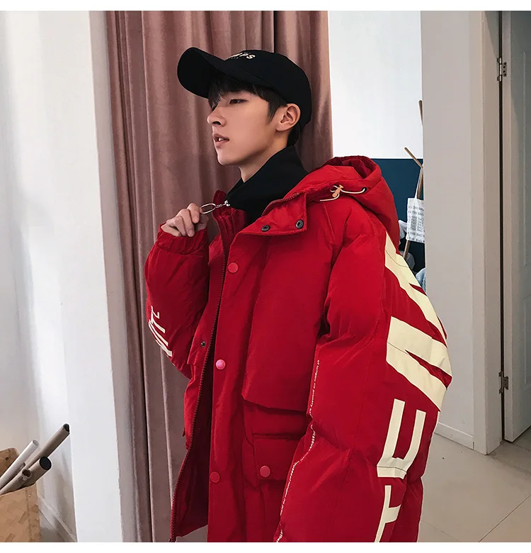 Уличная теплая зимняя мужская куртка, модная красная зимняя мужская куртка с капюшоном, толстая свободная Мужская Куртка Harajuku, Мужская ветровка