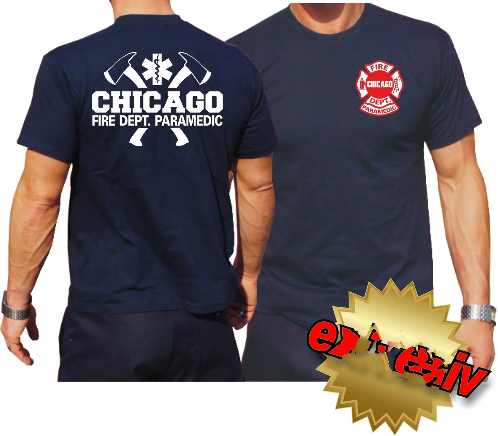 Футболка темно-синяя Chicago Fire Dept. mit Axten парамедик zweifarbig | Мужская одежда