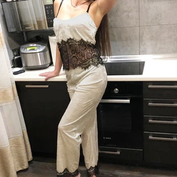 

HiLoc Sexy Lace Sleepwear Velvet Splicing Women Pajama Woman Winter Pajamas Set Patchwork Spaghetti Strap See Through Home Suit