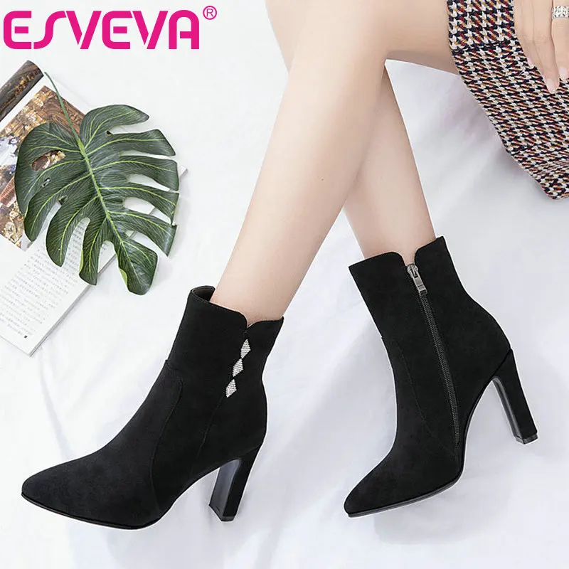 

ESVEVA 2020 Women Shoes Winter Ankle Boots Western Round Toe Flock+PU Zipper Square High Heel Motorcycle Boot Size 34-43