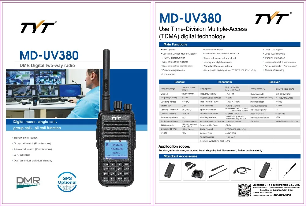 Двойной дисплей цветной рации TYT MD-UV380 двухдиапазонный радио VHF+ UHF Цифровой DMR двухстороннее радио MDUV380 Dual Time slot transcei