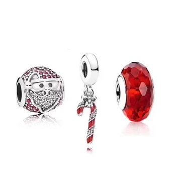 

NEW 100% 925 Sterling Silver New 1:1 Santa Claus Charm Candy Cane Pendant Cut Glass Beads Set Suitable for Charming Jewelry