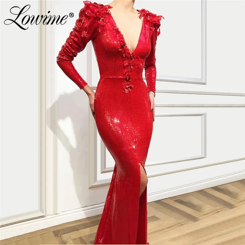 

Red Deep V Neck Party Dress Sequins Mermaid Handmade Flower Evening Gown 2020 African Prom Dresses Islamic Turkish Kaftans