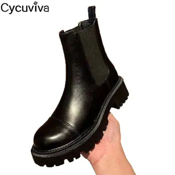 

New Black Leather Chelsea Ankle Boots For Women Square Mid Heel Knight Boots Round Toe Casual Short Boots Cowboy Botas Mujer