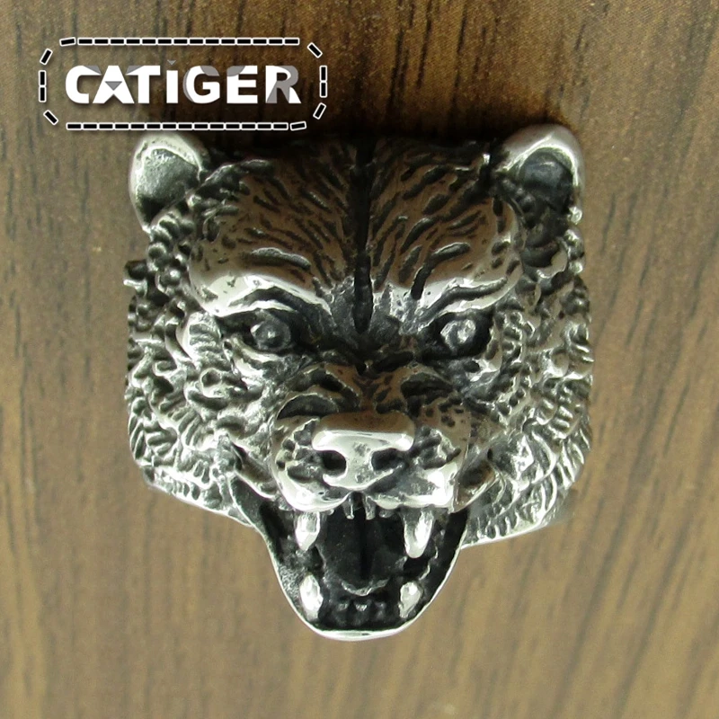 Punk 316L Stainless Steel Bear Animal Ring For Man Silver color Golden Brown Bear Head Ring Jewelry 2