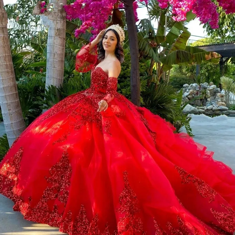Mexican Dark Red Vestidos de 15 Años Quinceanera Dress with Removeable Sleeves Sequin Applique Sweet