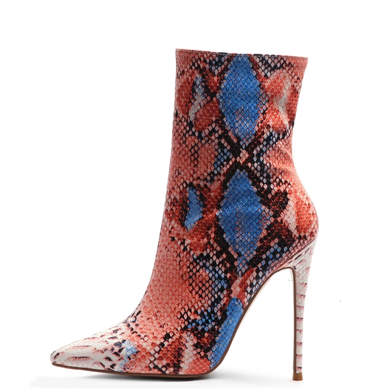 

Blue Orange Ankle Boots Winter Women's Snakeskin Pattern Chelsea Boots Woman Shoes Pointed Toe Martin Boots