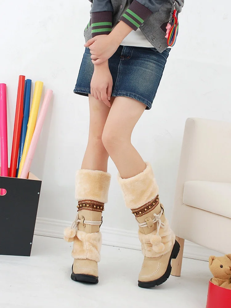 Cena Piękne kobiety średnio wysokie buty z cholewami zimowe ciepłe tassel zamszowe buty damskie śniegowe buty Fringe panie pnącza blok obcasy Botes Mujer