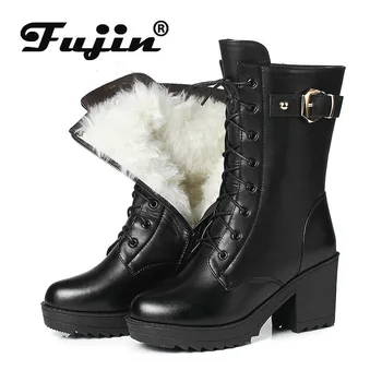 

Fujin Genuine Leather Wool Boots Women Dropshipping Fur Warm Plush Winter Fashion Zipper Thick Bottom Leisure Snow Boots